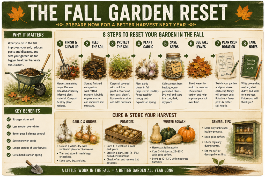 Fall garden reset infographic explaining soil preparation, garlic planting, seed saving, leaf mulch, crop rotation, and storing onions, potatoes, and winter squash.