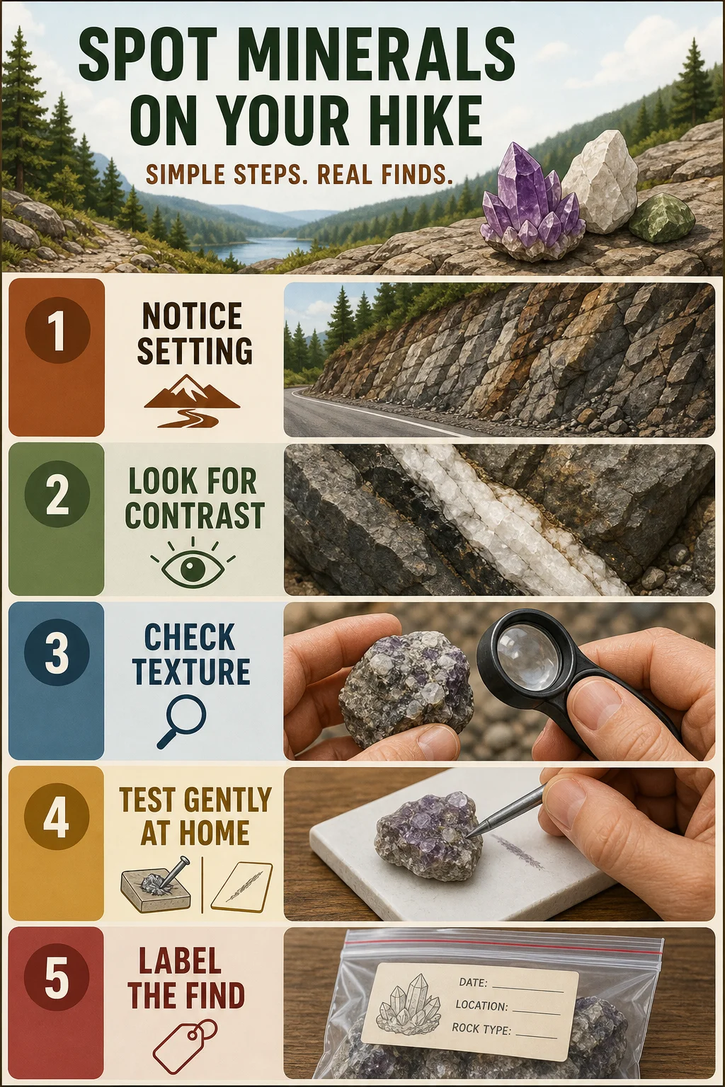 Five-step infographic for spotting and identifying minerals while hiking