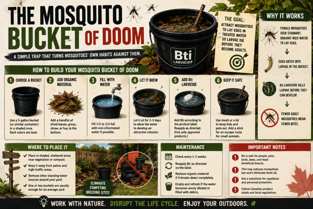 Mosquito Bucket of Doom infographic explaining how to build, place, maintain, and safely use a Bti-treated mosquito larval trap.