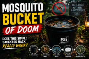 Mosquito Bucket of Doom featuring a black bucket with Bti-treated water, mosquito symbol, and simple backyard mosquito-control steps.