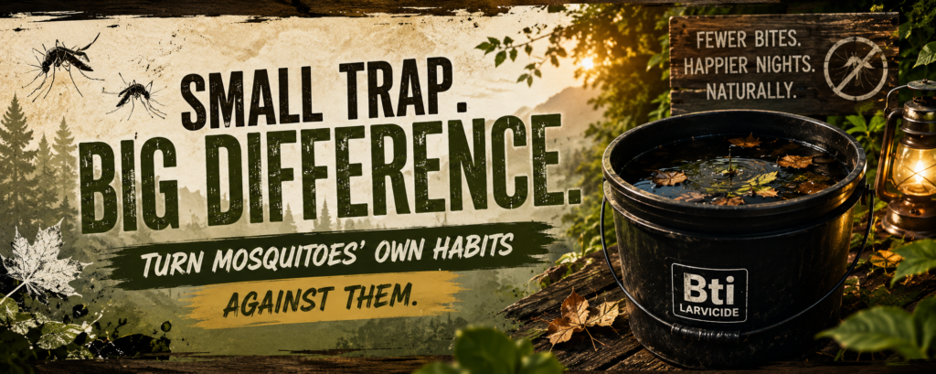 Cinematic backyard mosquito-control banner showing a Bti larvicide bucket with the message “Small Trap, Big Difference.”