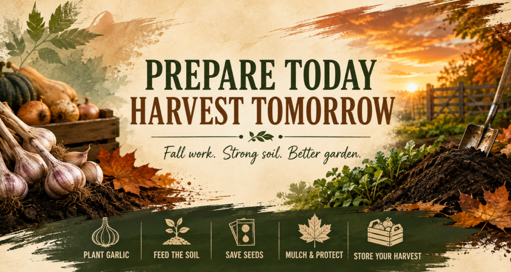 Fall gardening banner showing garlic, harvested vegetables, rich soil, autumn leaves, and tips to plant, mulch, save seeds, and store crops.