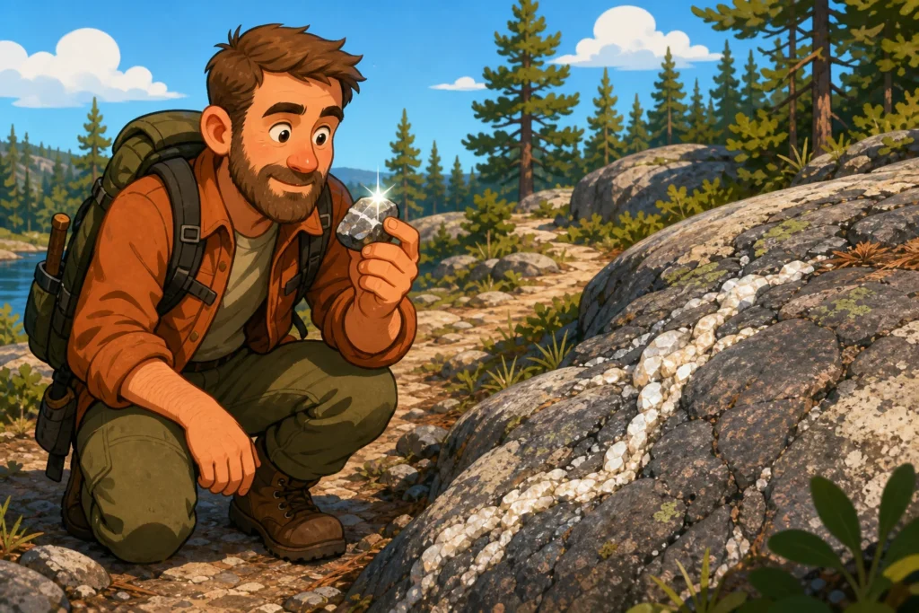 Hiker spotting minerals in Canadian Shield bedrock while walking a forest trail