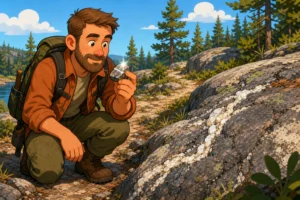 Hiker spotting minerals in Canadian Shield bedrock while walking a forest trail