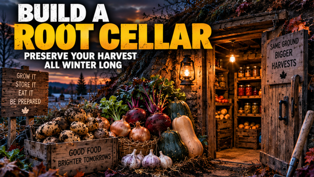 Stone root cellar with an open wooden door, baskets of harvested vegetables and the headline “Build a Root Cellar.”