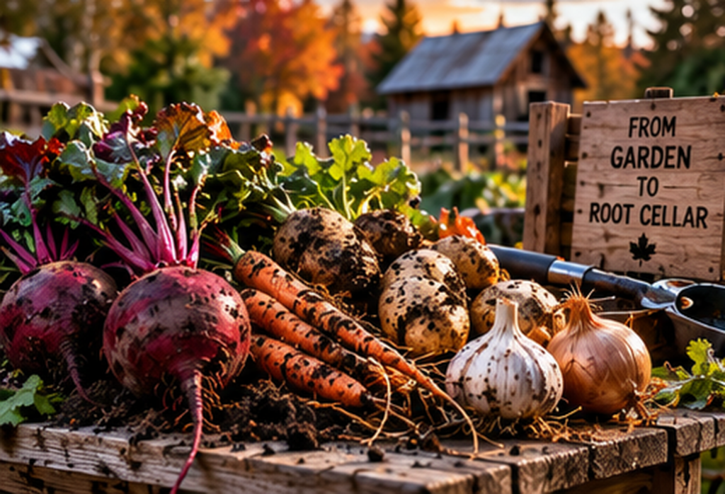 Fresh beets, carrots, potatoes, garlic and onions on a rustic table beside a “From Garden to Root Cellar” sign.