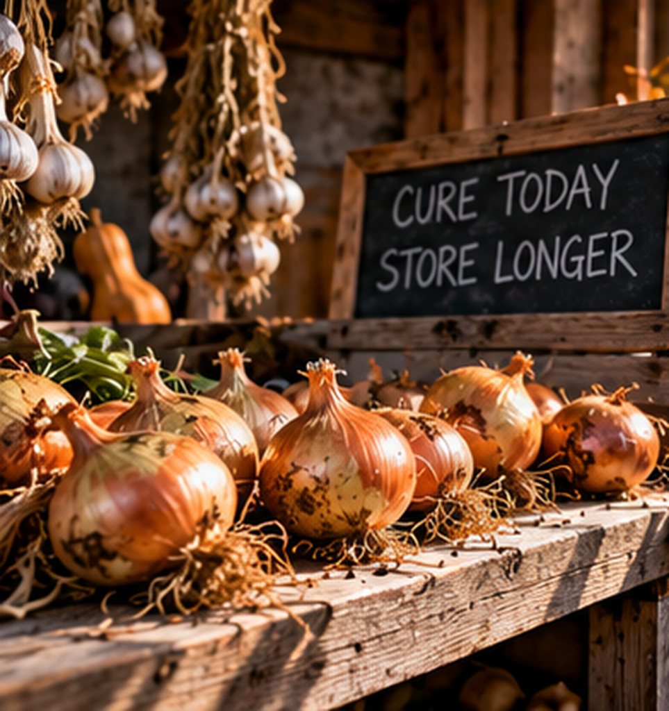 Onions curing on a wooden bench beneath hanging garlic bulbs beside a “Cure Today, Store Longer” sign.