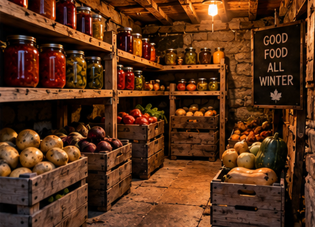 Warmly lit stone root cellar with wooden crates of vegetables, shelves of preserved food and a “Good Food All Winter” sign.