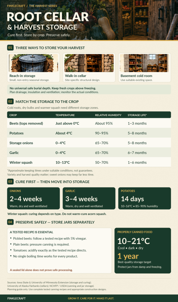 Root cellar infographic comparing cellar designs, vegetable storage temperatures, humidity levels, storage life, curing times and canning precautions.