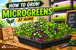 Healthy microgreens growing indoors at home in trays under grow lights
