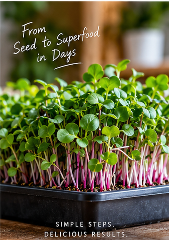Fresh radish and broccoli microgreens growing densely in a home growing tray