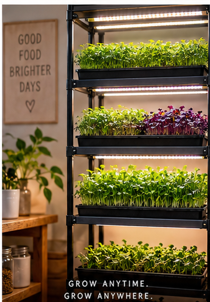 “Indoor microgreens growing rack with multiple trays under LED grow lights