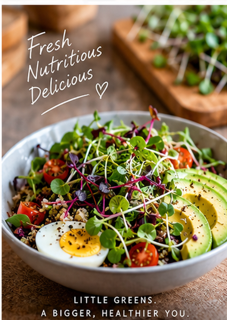 Fresh microgreens added to a healthy homemade salad with vegetables and eggs