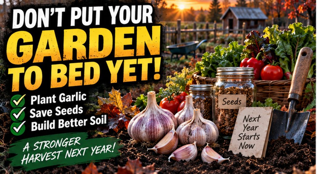 Autumn garden with garlic bulbs, vegetables and saved seeds beside the headline “Don’t put your garden to bed yet.”