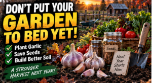 Autumn garden with garlic bulbs, vegetables and saved seeds beside the headline “Don’t put your garden to bed yet.”