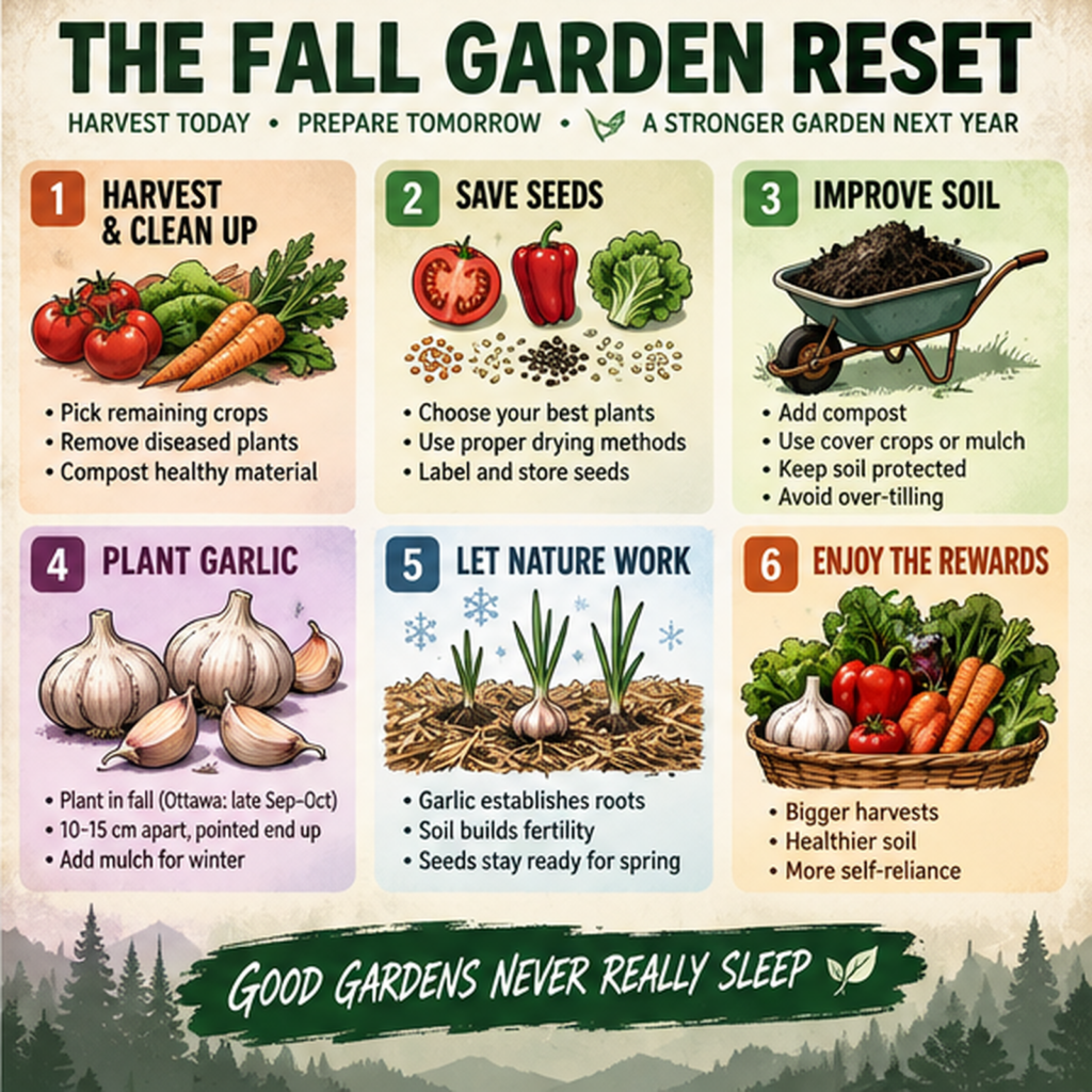 Six-step fall garden reset covering harvesting, seed saving, soil improvement, garlic planting, winter protection and next year’s harvest.