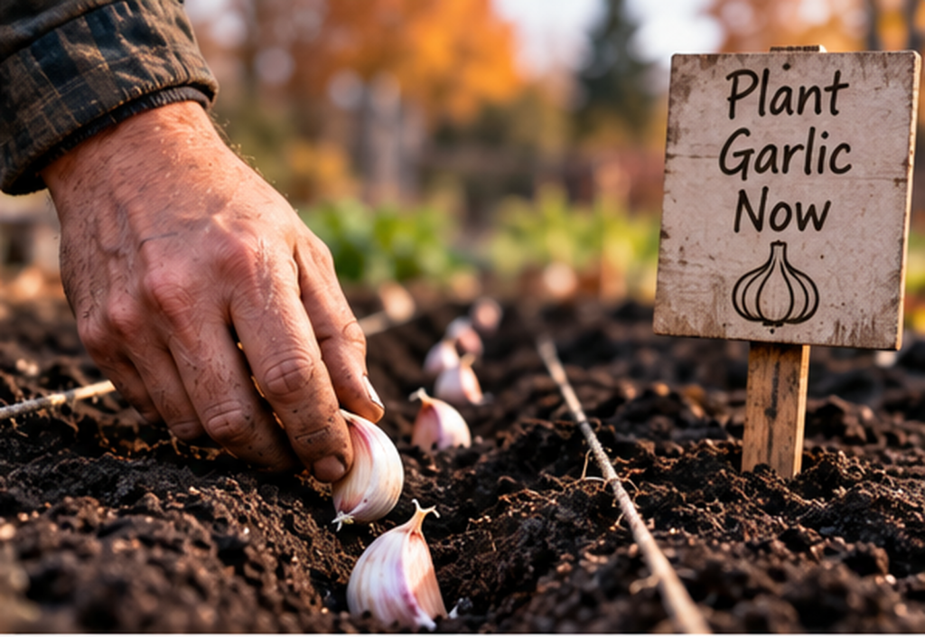 Hand planting a garlic clove pointed end up in autumn garden soil beside a wooden “Plant Garlic Now” sign.