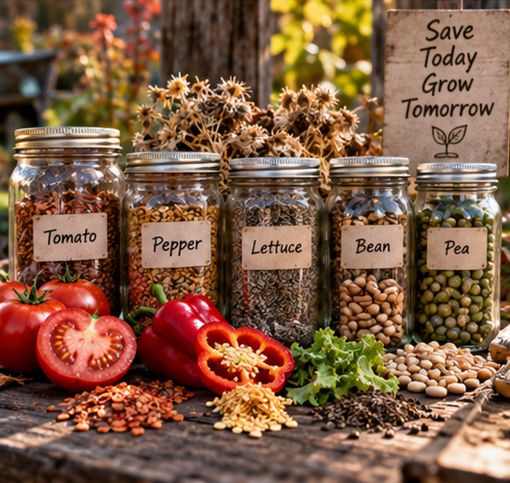 Labelled jars of tomato, pepper, lettuce, bean and pea seeds alongside ripe vegetables and dried seed heads.