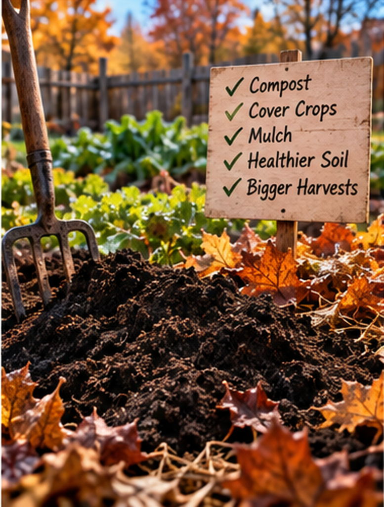 Garden fork in dark soil surrounded by autumn leaves, with a sign highlighting compost, cover crops and mulch.