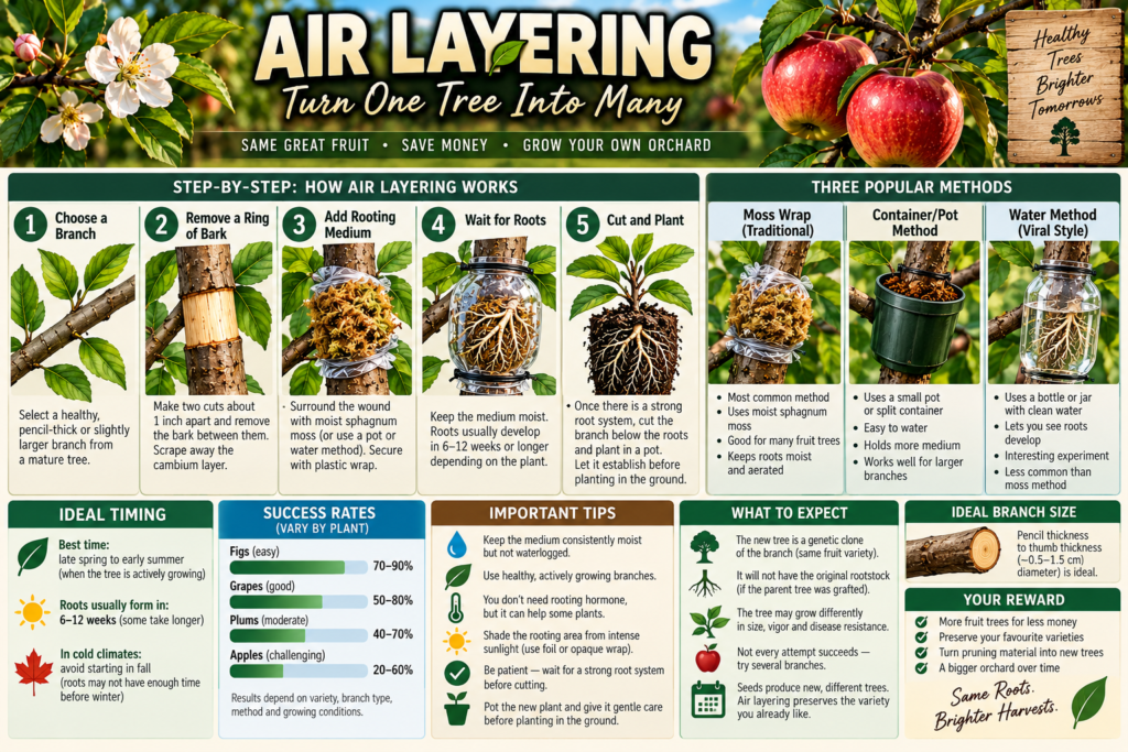 Air layering fruit trees infographic showing moss, container and water propagation methods, timing and success tips