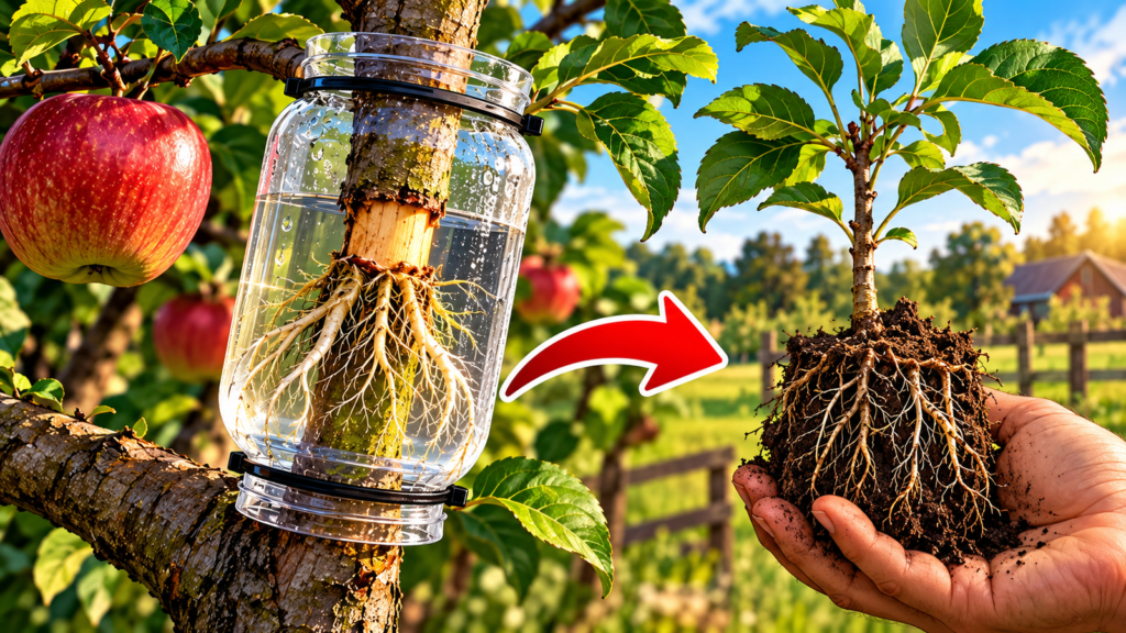 Air layering an apple tree branch to grow a new fruit tree with visible roots