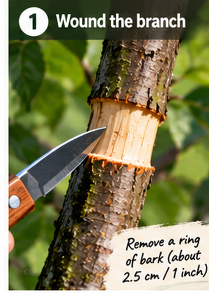 Apple tree branch prepared for air layering with a ring of bark removed