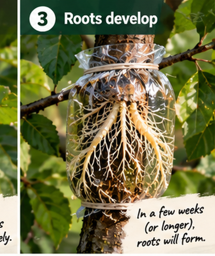 Air layered fruit tree branch developing a healthy root system before cutting