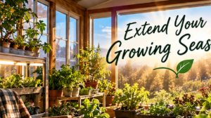 South-facing enclosed patio used to extend the growing season with leafy greens and spring seedlings