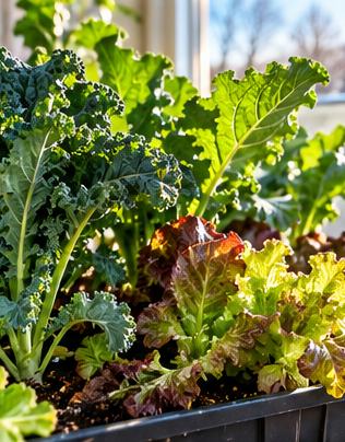 Lettuce and kale growing inside a sunny south-facing patio during cool fall weather
