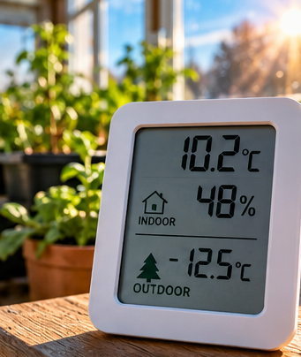 Temperature monitor inside an enclosed south-facing patio used to protect cold-season vegetables from frost