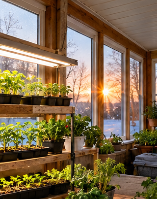 Spring seedlings growing on shelves inside a bright south-facing enclosed patio