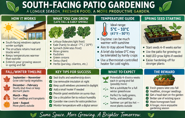South-facing patio season extension infographic showing suitable crops, temperature protection and spring seed starting